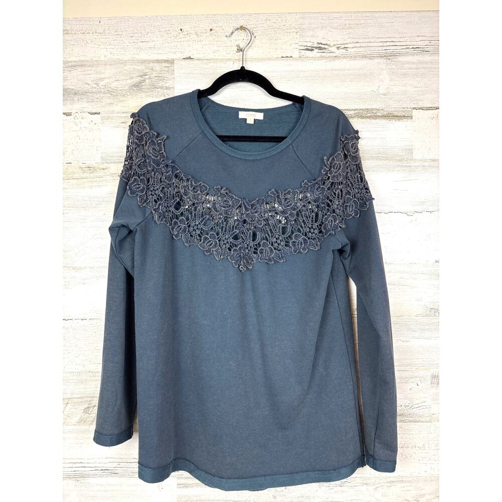 Oddi Womens M Blue Lace Long Sleeve Crew Neck Boho Casual Cotton Blouse Top